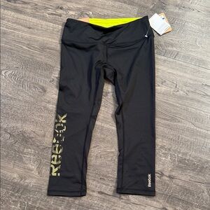 Reebok Black Cropped Leggings with Neon Yellow Waistband and Logo